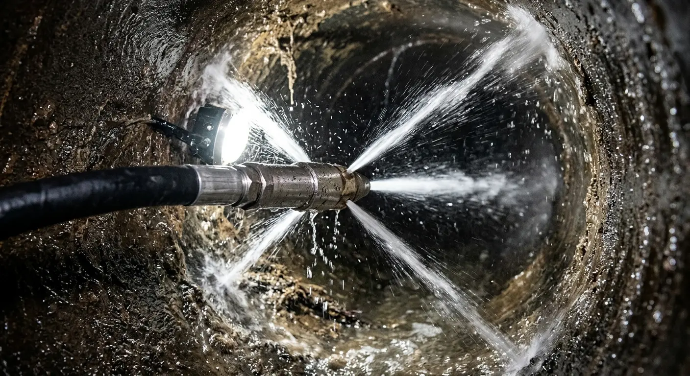 High-pressure hydro jetting nozzle cleaning sewer pipe for Emergency Drain Service in Huntingdon