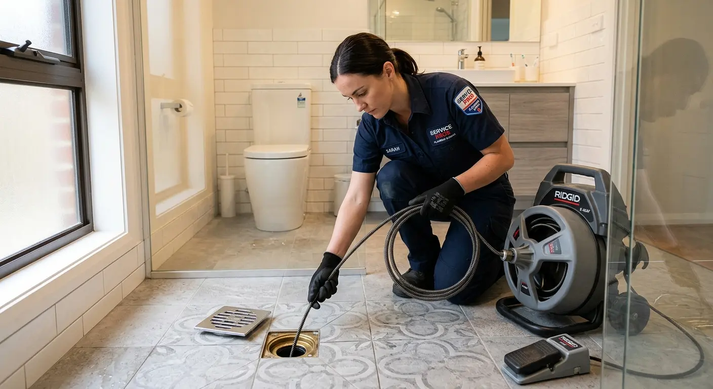 Technician clearing a bathroom floor drain for Sewer Line Replacement in Huntingdon